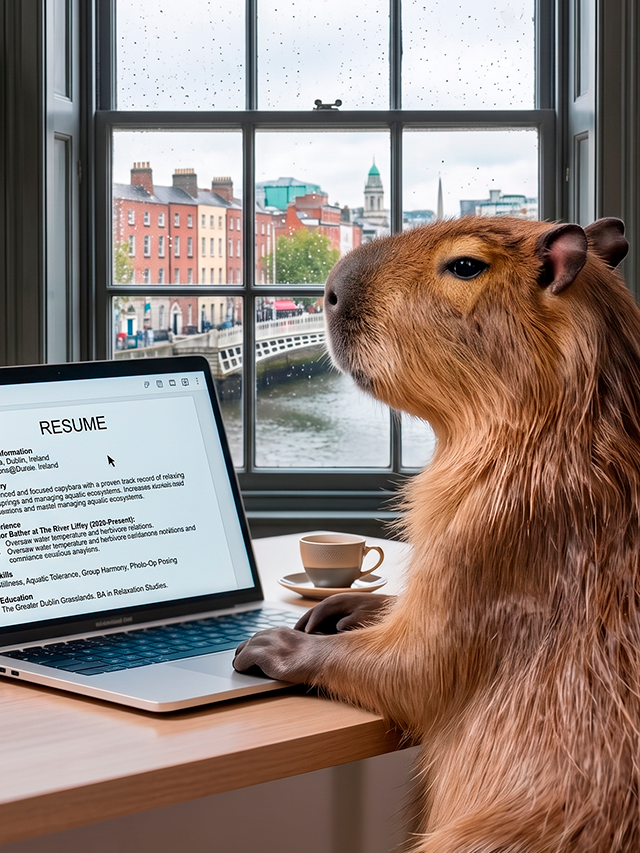 Capivara escrevendo um currículo em um laptop com vista para o rio Liffey