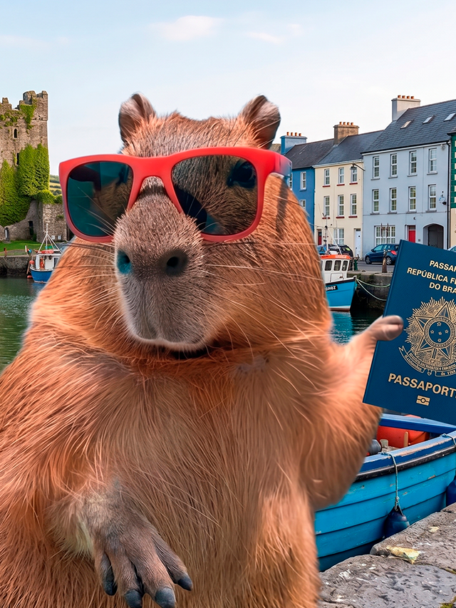 Capivara de óculos escuros segurando um passaporte em um porto irlandês