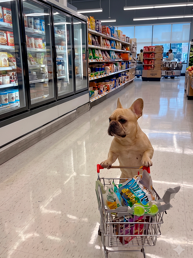 Cachorro empurrando um carrinho de compras em um supermercado